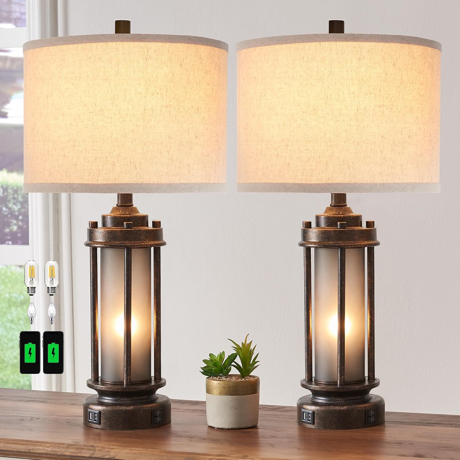 Solar Lamp - Set of 2 Farmhouse Lamps with